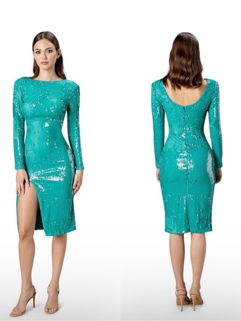 Dress the Population Teal Sequin Long-Sleeve Midi Dress with Scoop Back
